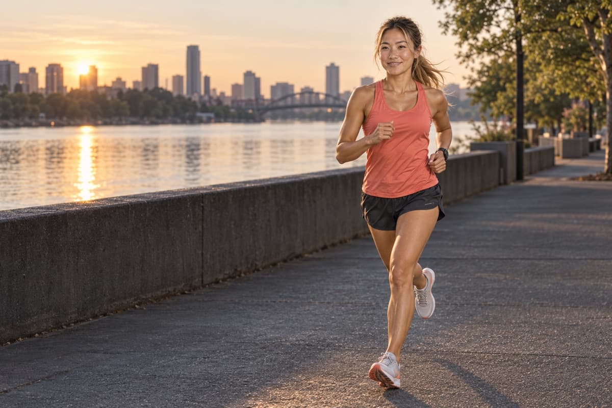 Hope, an Intervals coach, running beside a river at sunset